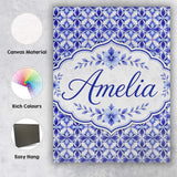 Personalised Name Blue Geometric Floral Custom  Modern Room Accent Elegant Feature Canvas Wall Art Print Decor Picture Ready to Hang