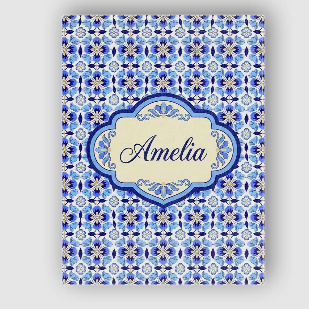 Personalised Name Blue Floral Tile Geometric Custom Bespoke  Contemporary Display Canvas Wall Art Print Decor Picture Ready to Hang