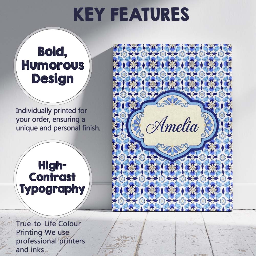 Personalised Name Blue Floral Tile Geometric Custom Bespoke  Contemporary Display Canvas Wall Art Print Decor Picture Ready to Hang