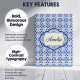 Personalised Name Blue Floral Tile Geometric Custom Bespoke  Contemporary Display Canvas Wall Art Print Decor Picture Ready to Hang