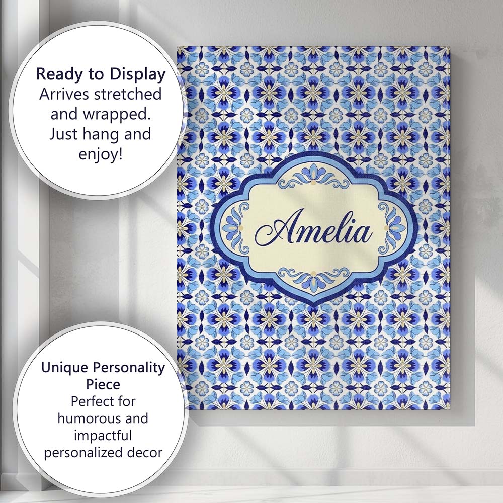Personalised Name Blue Floral Tile Geometric Custom Bespoke  Contemporary Display Canvas Wall Art Print Decor Picture Ready to Hang