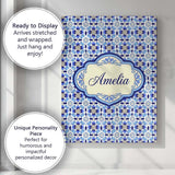 Personalised Name Blue Floral Tile Geometric Custom Bespoke  Contemporary Display Canvas Wall Art Print Decor Picture Ready to Hang