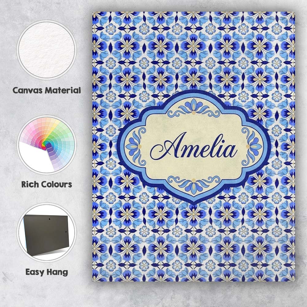 Personalised Name Blue Floral Tile Geometric Custom Bespoke  Contemporary Display Canvas Wall Art Print Decor Picture Ready to Hang