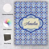 Personalised Name Blue Floral Tile Geometric Custom Bespoke  Contemporary Display Canvas Wall Art Print Decor Picture Ready to Hang