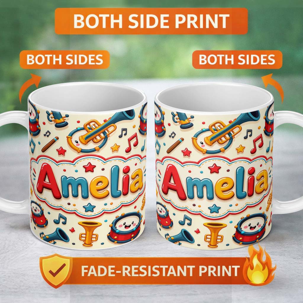 Personalized Custom Name Cute Musical Instruments Drums Trumpets Notes Fun Seamless Pattern 11oz Ceramic Coffee Tea Mug White Large Handle