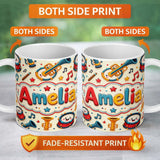 Personalized Custom Name Cute Musical Instruments Drums Trumpets Notes Fun Seamless Pattern 11oz Ceramic Coffee Tea Mug White Large Handle