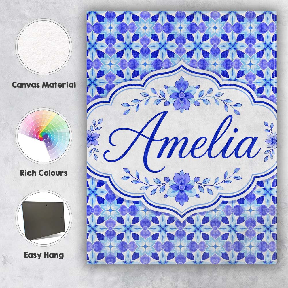 Personalised Name Blue Kaleidoscope Floral Custom  Unique Gift Idea Elegant Feature Canvas Wall Art Print Decor Picture Ready to Hang