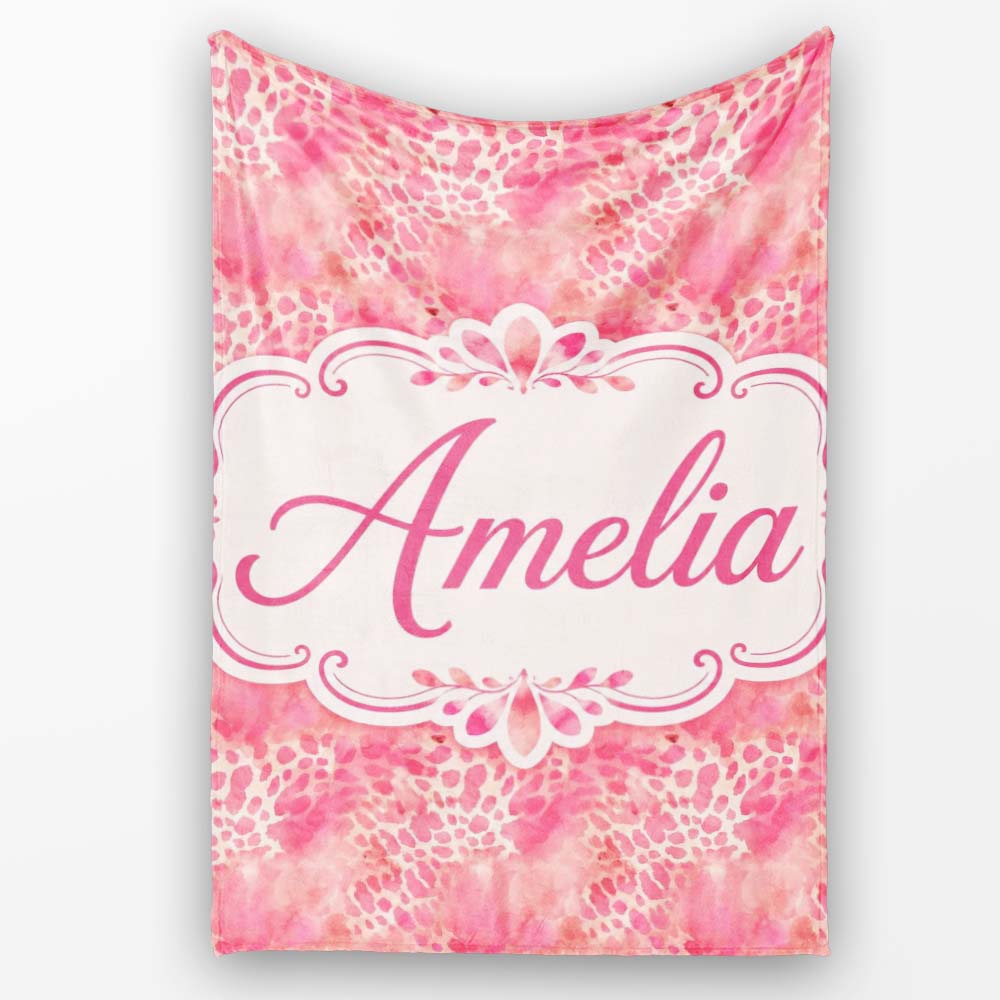 Pink Watercolor Leopard Print Seamless Pattern Blended Animal Lovely  Personalised Custom Name Super Soft Fleece Blanket Bed Sofa Throw
