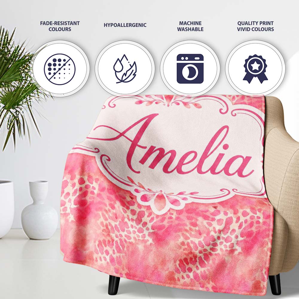Pink Watercolor Leopard Print Seamless Pattern Blended Animal Lovely  Personalised Custom Name Super Soft Fleece Blanket Bed Sofa Throw