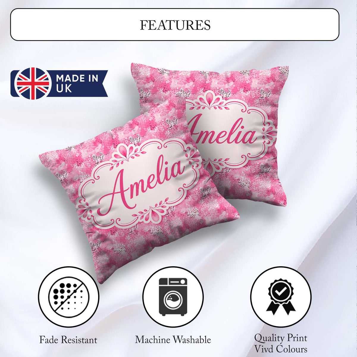 Custom Name Pink Watercolor Abstract Texture Seamless Artistic Square Filled Cushion Throw Pillow Sofa Bed Home Decor Zip Washable UK Made