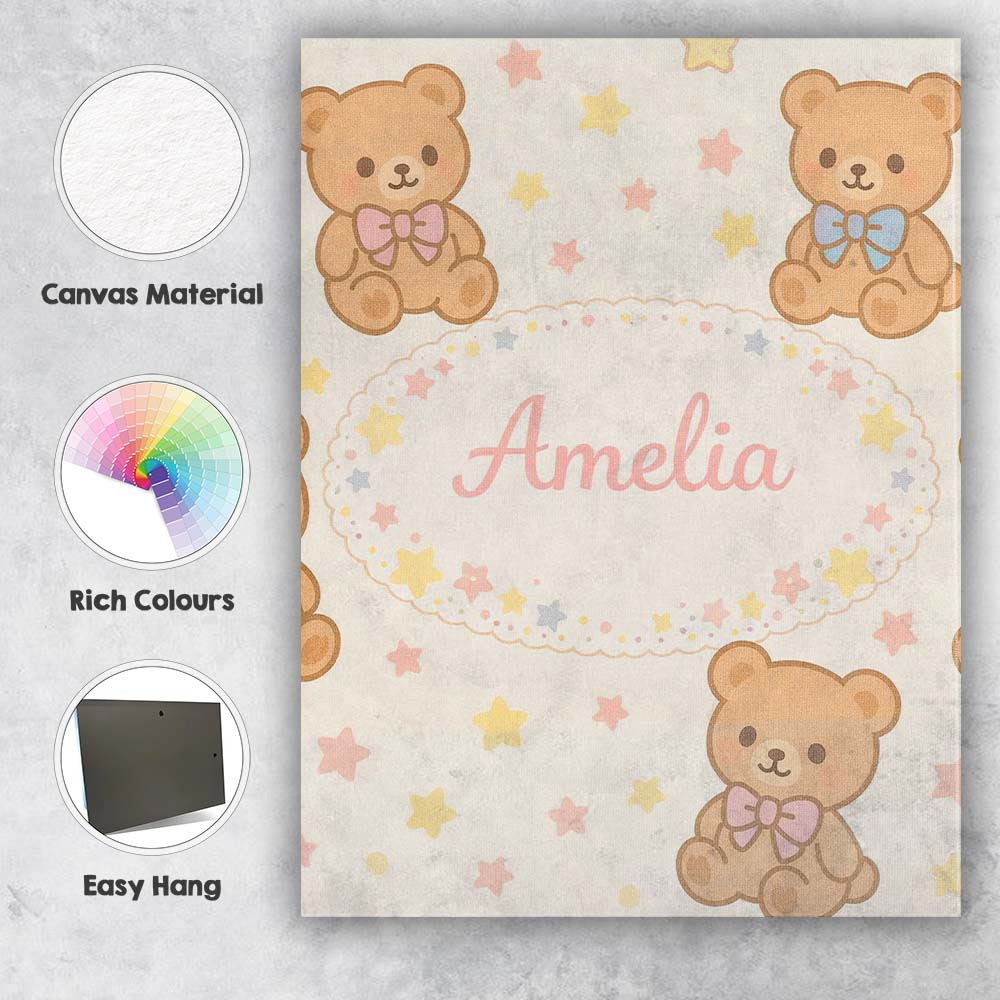 Personalised Name Cute Teddy Bear Bow Cartoon Animal Pattern Beautiful Custom Decorative Canvas Wall Art Print Decor Picture Ready to Hang