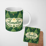Personalized Custom Name Cartoon Christmas Trees with Golden Baubles and Stars Cute Seamless 11oz Ceramic Coffee Tea Mug White Large Handle
