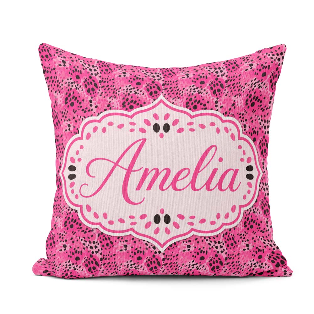 Custom Name Bright Pink Leopard Spot Seamless Pattern Bold Print Square Filled Cushion Throw Pillow Sofa Bed Home Decor Zip Washable UK Made