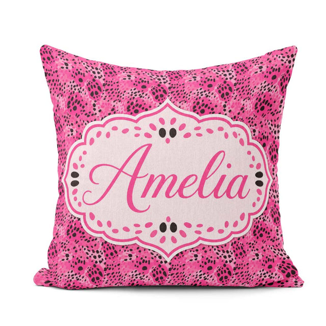 Custom Name Bright Pink Leopard Spot Seamless Pattern Bold Print Square Filled Cushion Throw Pillow Sofa Bed Home Decor Zip Washable UK Made