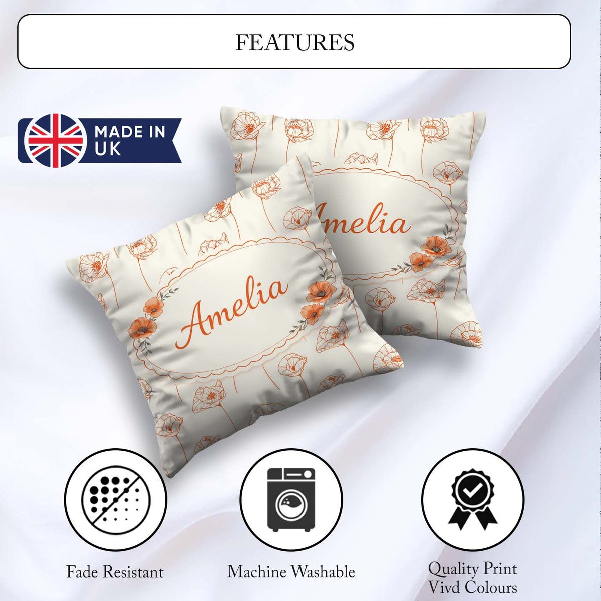 Custom Name Minimal Line Art Floral Pattern Terracotta Design Square Filled Cushion Throw Pillow Sofa Bed Home Decor Zip Washable UK Made