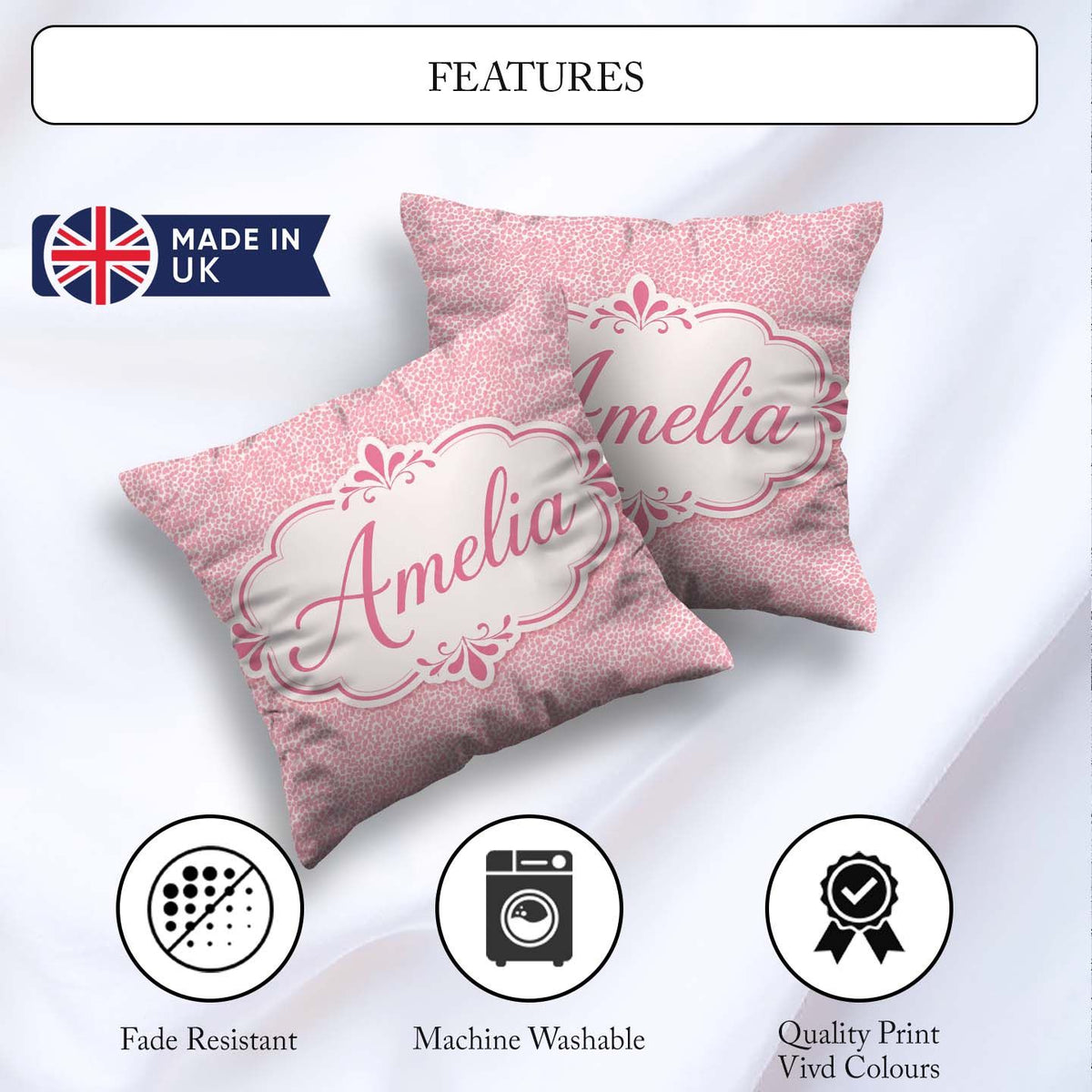 Custom Name Pastel Pink Watercolour Animal Soft Blended Seamless Square Filled Cushion Throw Pillow Sofa Bed Home Decor Zip Washable UK Made