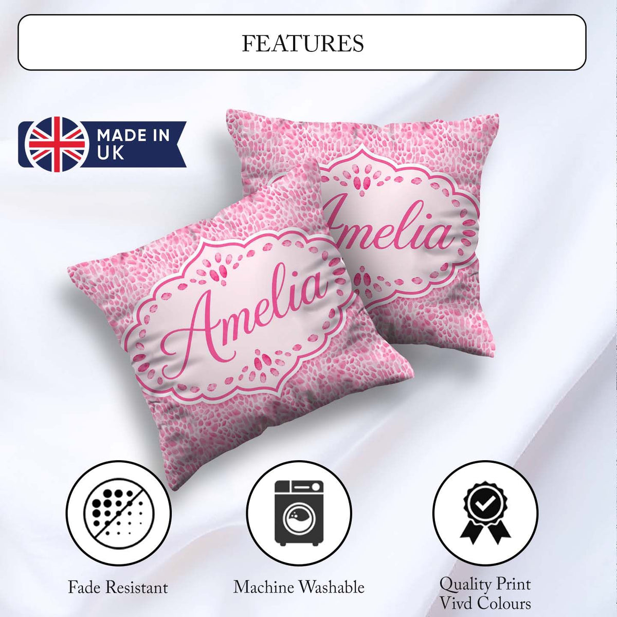 Custom Name Pink Organic Pebble Dot Watercolour Texture Seamless Square Filled Cushion Throw Pillow Sofa Bed Home Decor Zip Washable UK Made