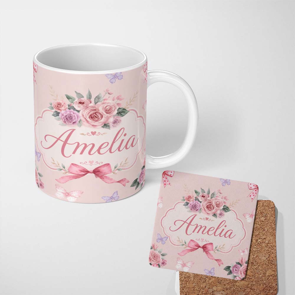 Personalized Custom Name Elegant Watercolor Rose Bouquet Ribbon Butterfly Pink Background 11oz Ceramic Coffee Tea Mug White Large Handle