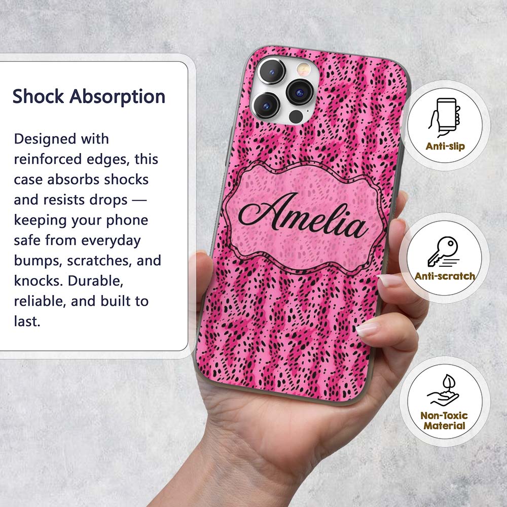 Vibrant Pink and Black Leopard Spot Abstract Custom Name Protective Phone Case Mobile Cover Durable Everyday Smartphone Shock Resistant