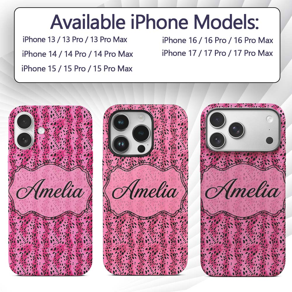 Vibrant Pink and Black Leopard Spot Abstract Custom Name Protective Phone Case Mobile Cover Durable Everyday Smartphone Shock Resistant