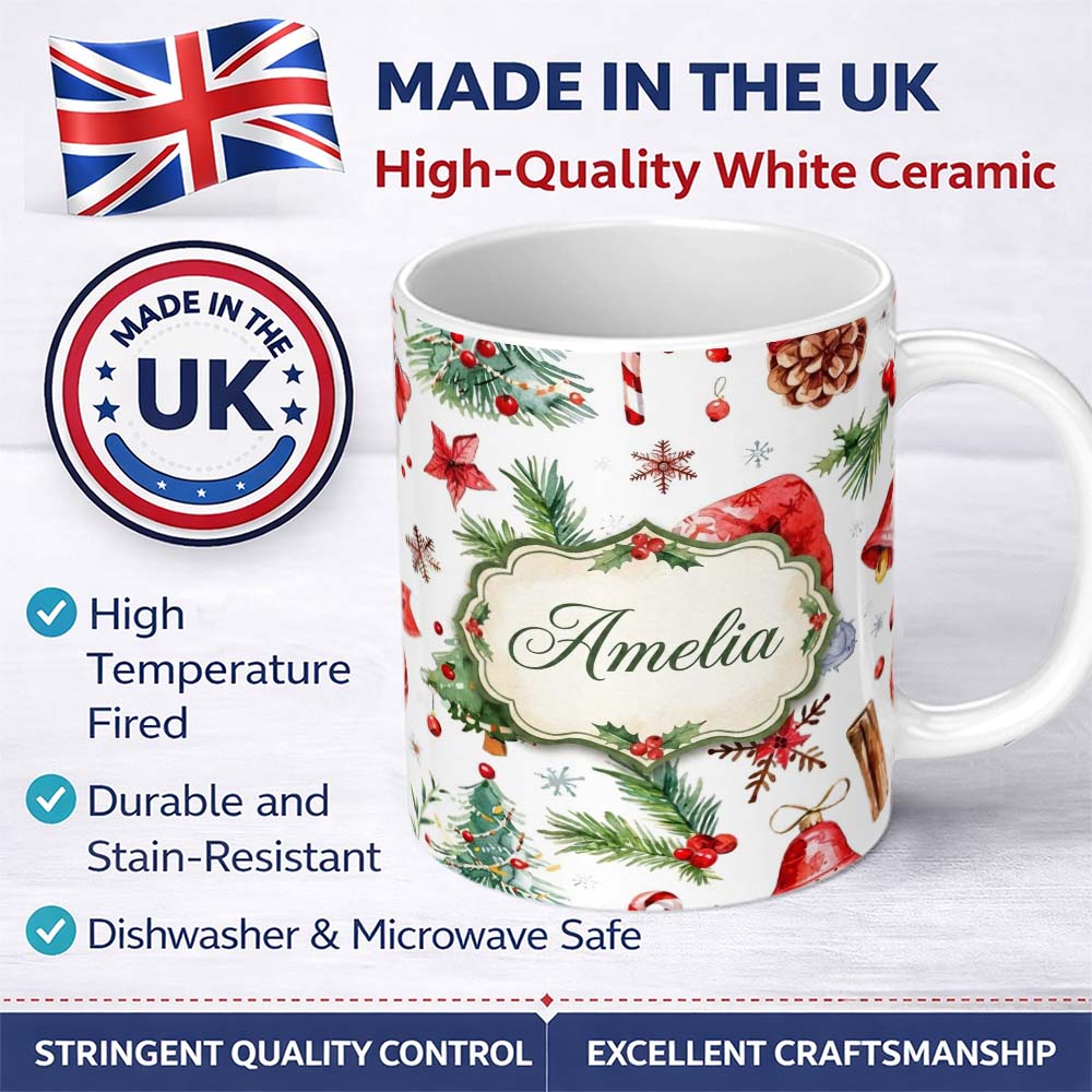 Personalized Custom Name Festive Pine Cone Candy Cane Snowflake Christmas Seamless Pattern 11oz Ceramic Coffee Tea Mug White Large Handle