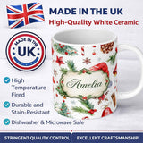 Personalized Custom Name Festive Pine Cone Candy Cane Snowflake Christmas Seamless Pattern 11oz Ceramic Coffee Tea Mug White Large Handle