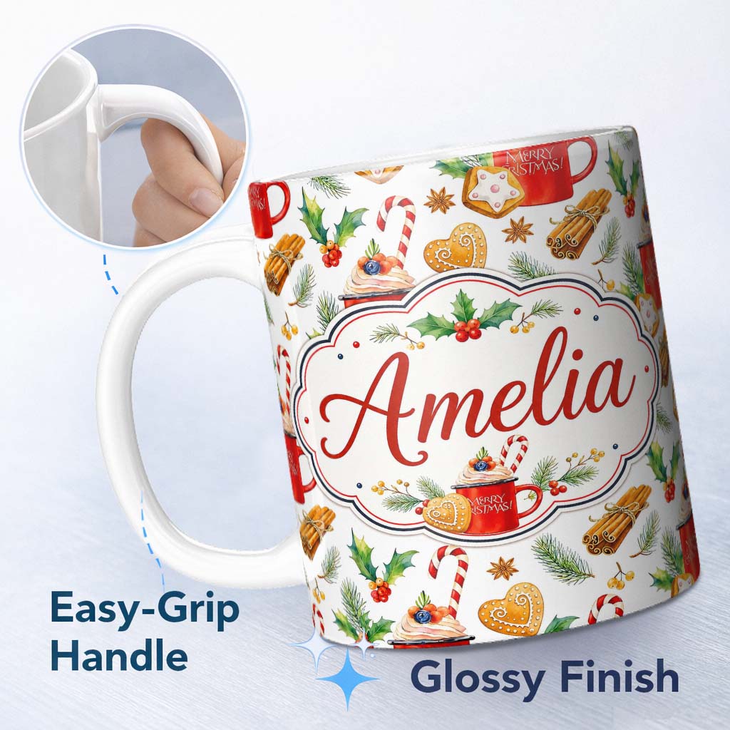 Personalized Custom Name Christmas Mug Cookies Candy Cane Cinnamon Seamless Pattern Lovely 11oz Ceramic Coffee Tea Mug White Large Handle