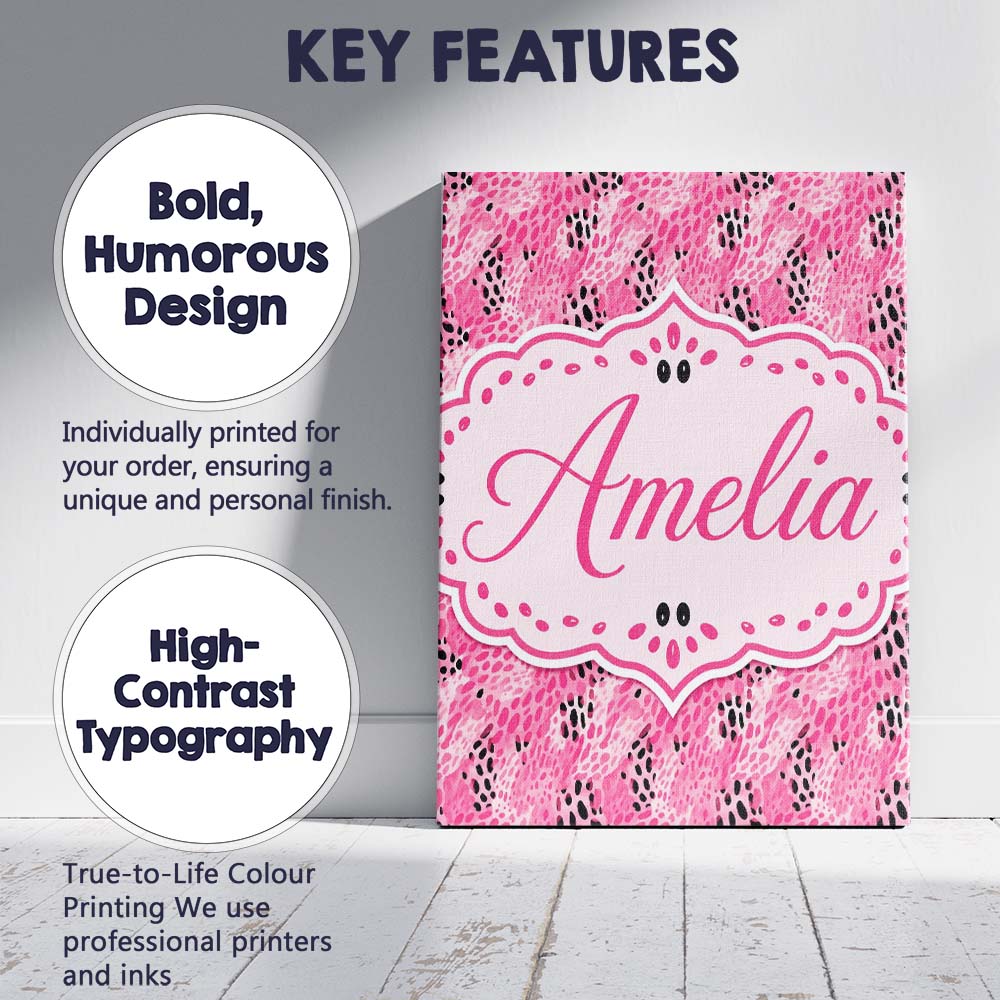 Personalised Name Bold Pink and Black Custom Modern Room Accent Creative Decorator Style Canvas Wall Art Print Decor Picture Ready to Hang