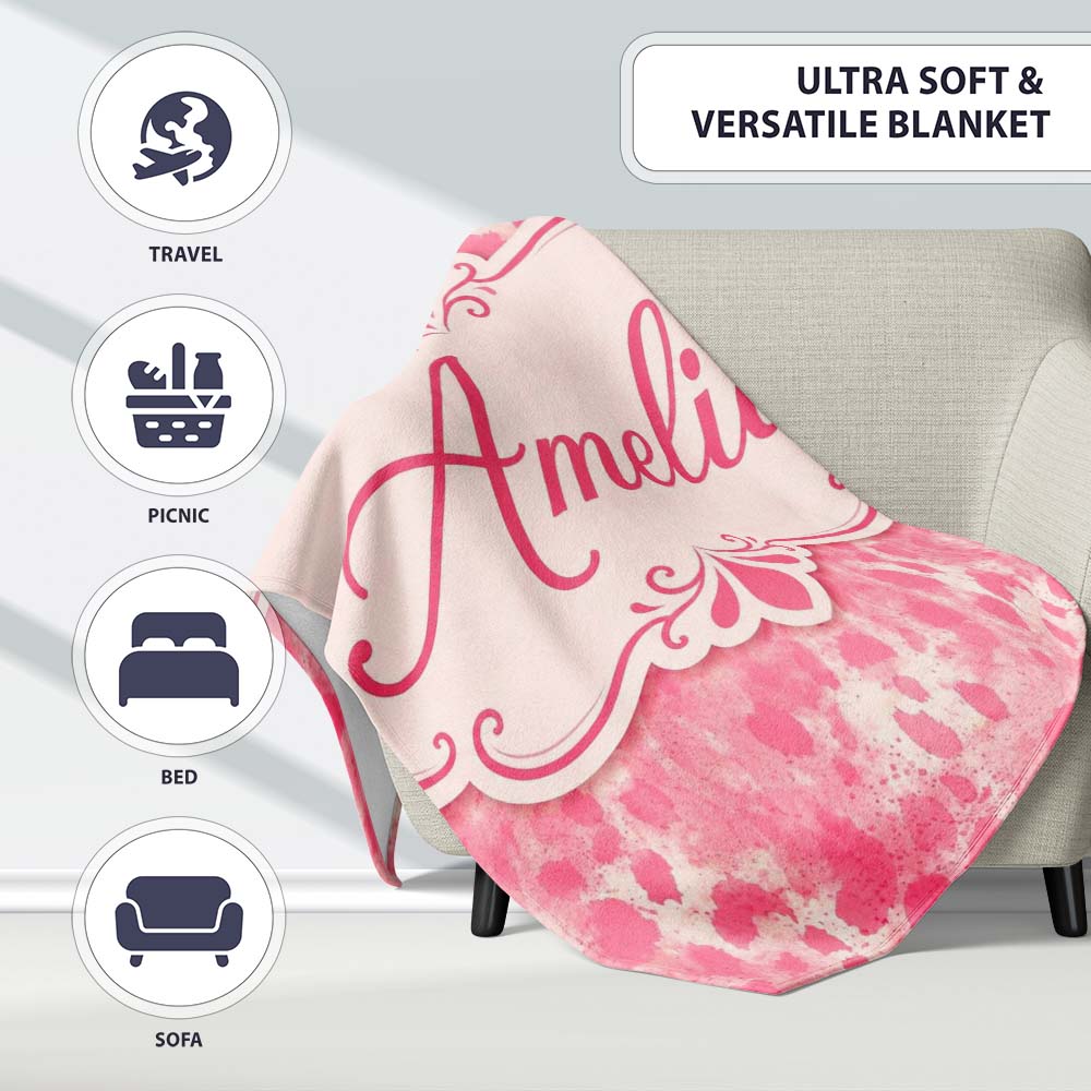 Soft Pink Watercolour Blotch Abstract Organic Seamless Pattern  Personalised Custom Name Super Soft Fleece Blanket Bed Sofa Throw