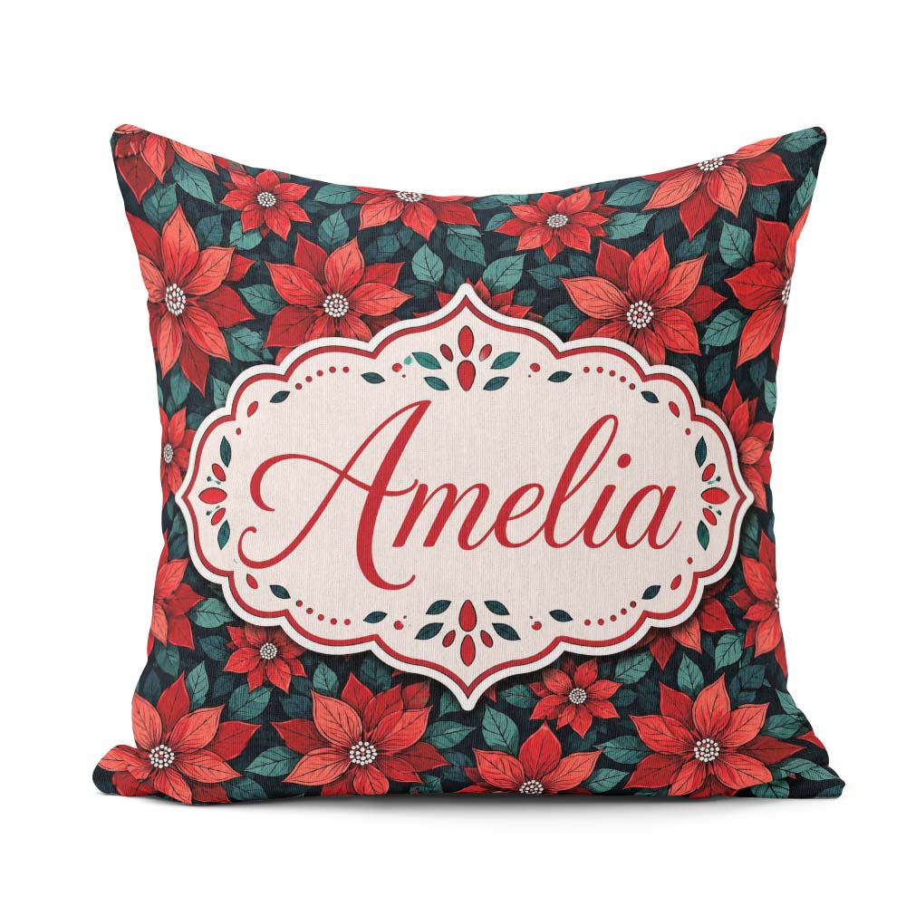 Custom Name Classic Red Poinsettia Background Christmas Seamless Square Filled Cushion Throw Pillow Sofa Bed Home Decor Zip Washable UK Made