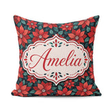 Custom Name Classic Red Poinsettia Background Christmas Seamless Square Filled Cushion Throw Pillow Sofa Bed Home Decor Zip Washable UK Made