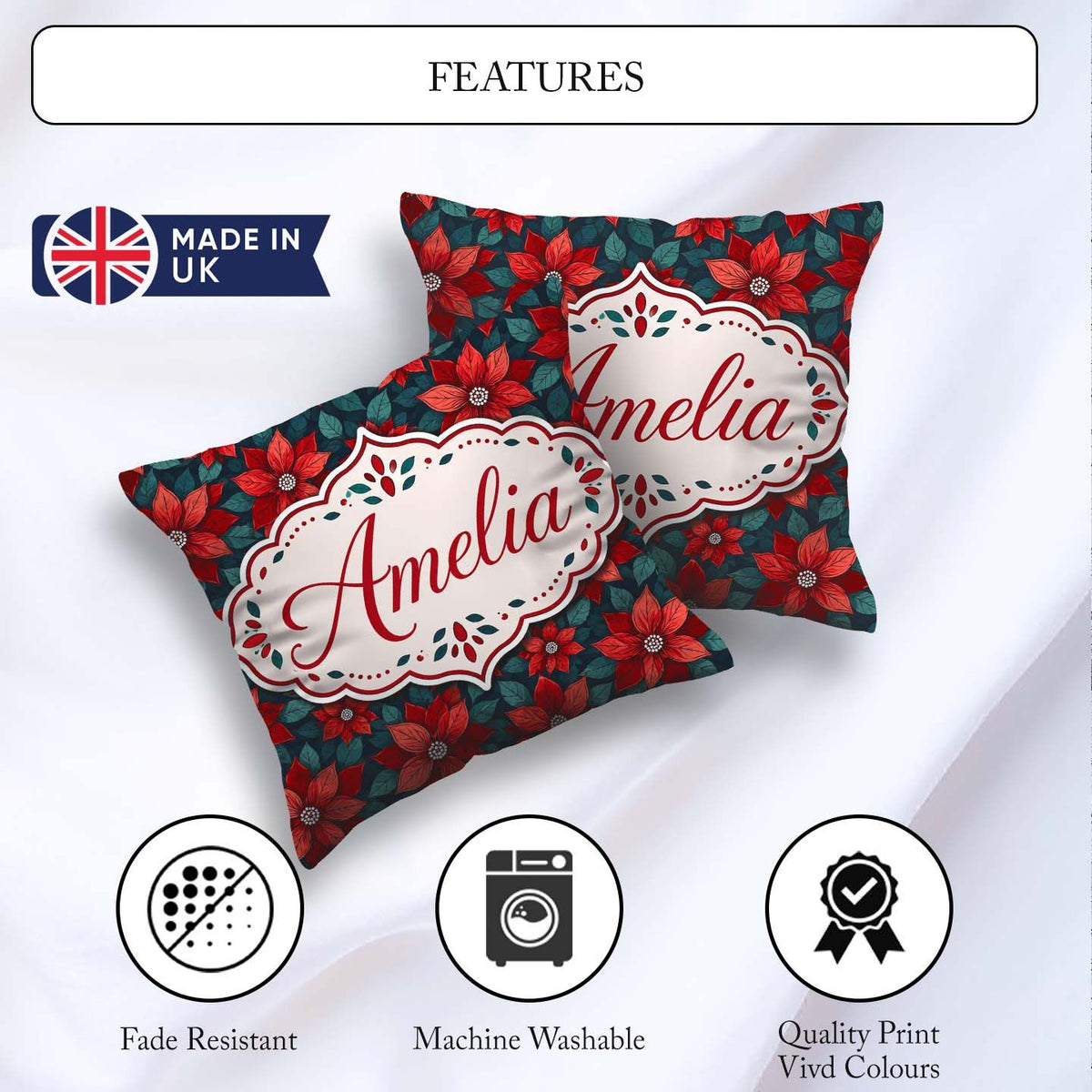 Custom Name Classic Red Poinsettia Background Christmas Seamless Square Filled Cushion Throw Pillow Sofa Bed Home Decor Zip Washable UK Made