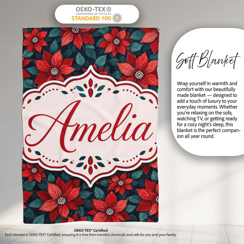Classic Red Poinsettia Floral Dark Background Christmas Seamless  Personalised Custom Name Super Soft Fleece Blanket Bed Sofa Throw