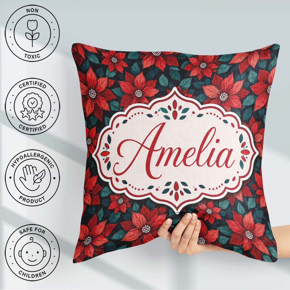 Custom Name Classic Red Poinsettia Background Christmas Seamless Square Filled Cushion Throw Pillow Sofa Bed Home Decor Zip Washable UK Made