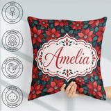 Custom Name Classic Red Poinsettia Background Christmas Seamless Square Filled Cushion Throw Pillow Sofa Bed Home Decor Zip Washable UK Made