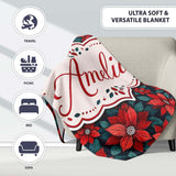 Classic Red Poinsettia Floral Dark Background Christmas Seamless  Personalised Custom Name Super Soft Fleece Blanket Bed Sofa Throw