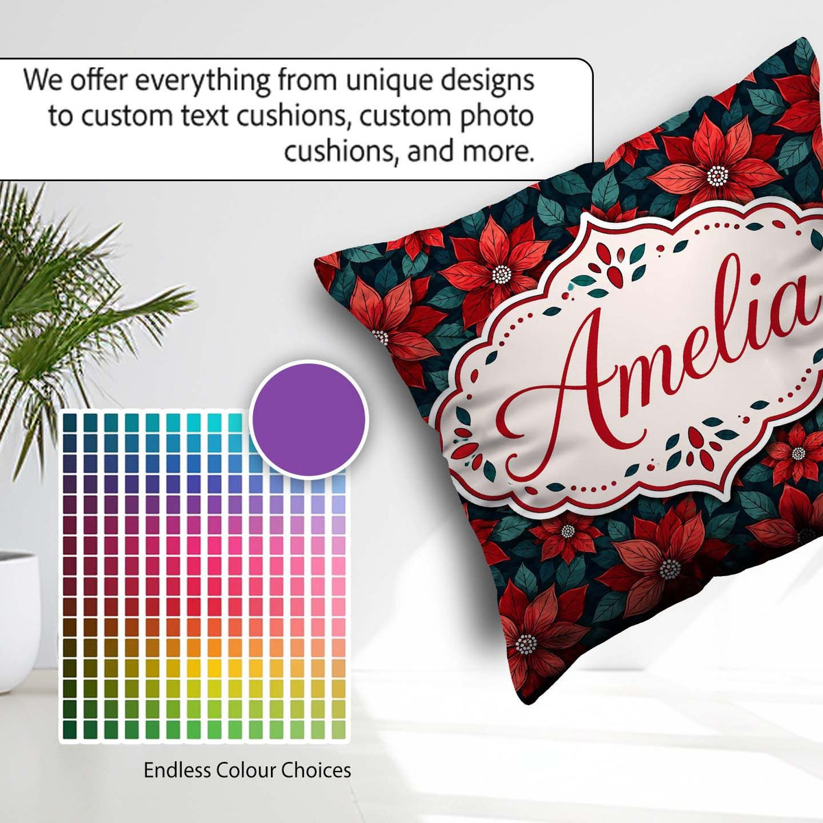 Custom Name Classic Red Poinsettia Background Christmas Seamless Square Filled Cushion Throw Pillow Sofa Bed Home Decor Zip Washable UK Made