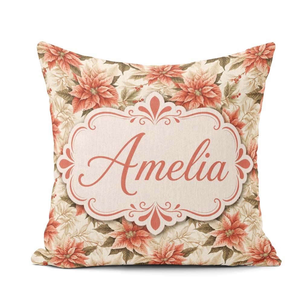 Custom Name Cream Poinsettia Floral Botanical Christmas Seamless Square Filled Cushion Throw Pillow Sofa Bed Home Decor Zip Washable UK Made