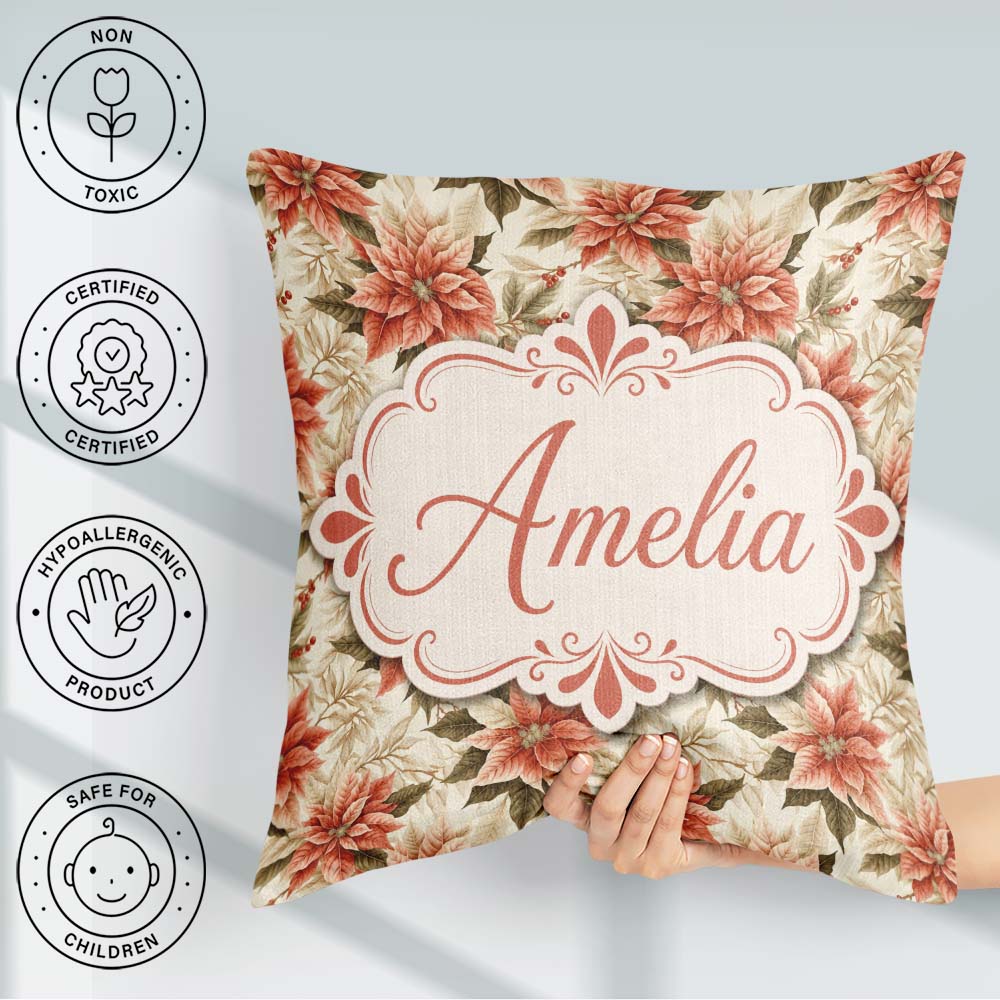 Custom Name Cream Poinsettia Floral Botanical Christmas Seamless Square Filled Cushion Throw Pillow Sofa Bed Home Decor Zip Washable UK Made