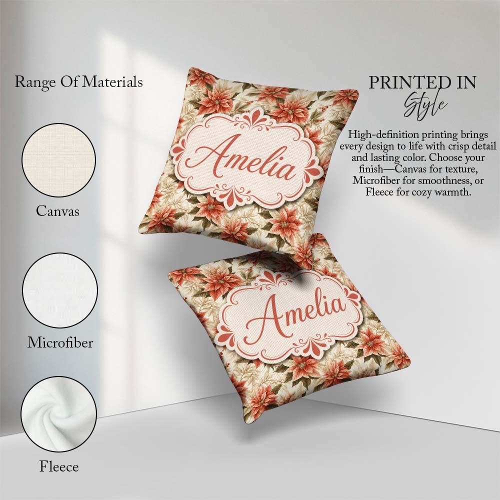 Custom Name Cream Poinsettia Floral Botanical Christmas Seamless Square Filled Cushion Throw Pillow Sofa Bed Home Decor Zip Washable UK Made