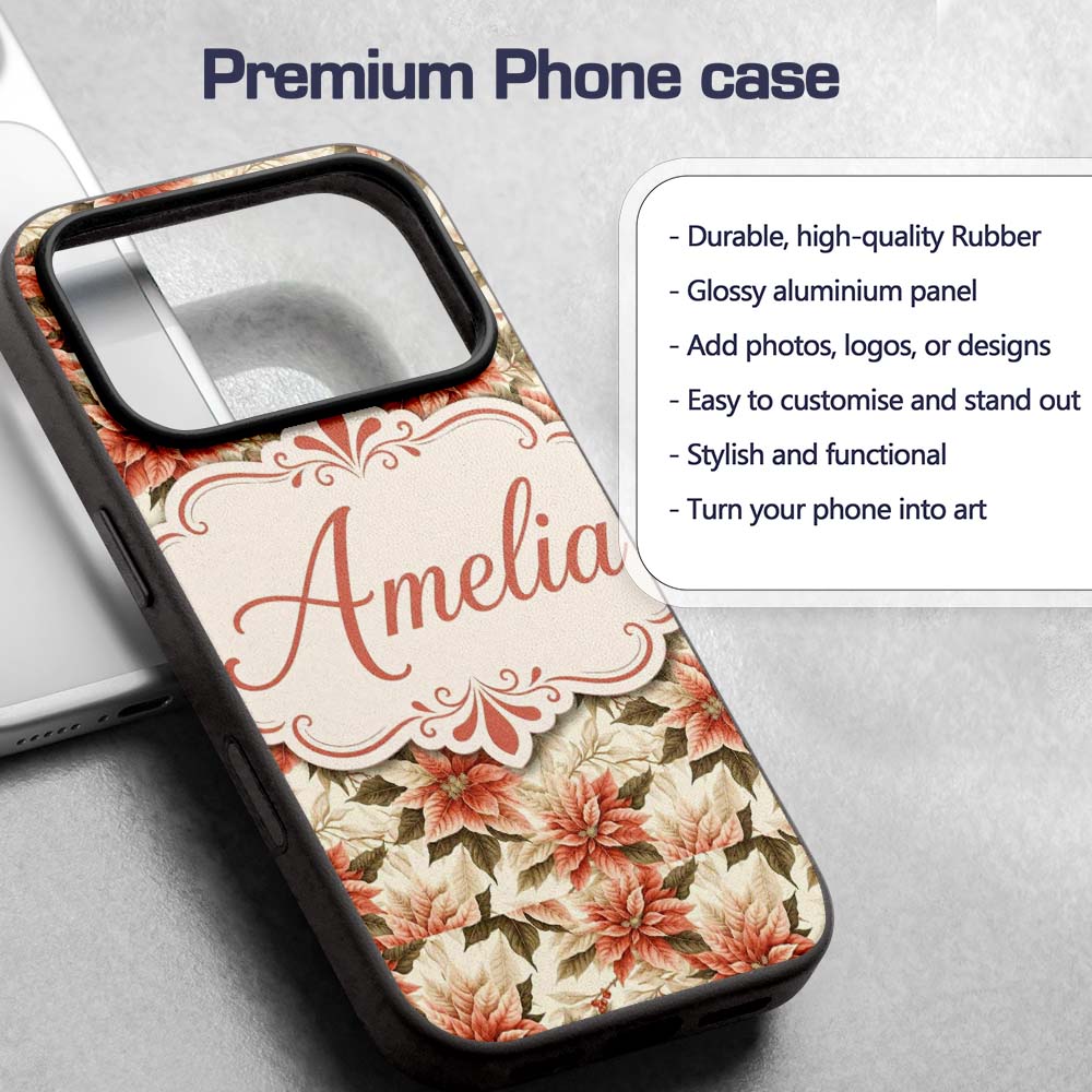 Vintage Cream Poinsettia Floral Printed Design Custom Name Protective Phone Case Mobile Cover Durable Everyday Smartphone Shock Resistant