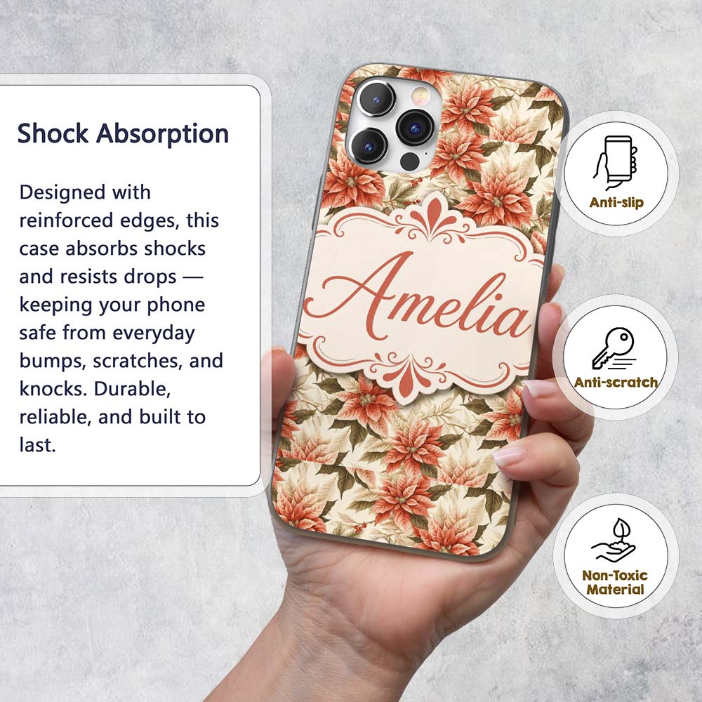Vintage Cream Poinsettia Floral Printed Design Custom Name Protective Phone Case Mobile Cover Durable Everyday Smartphone Shock Resistant