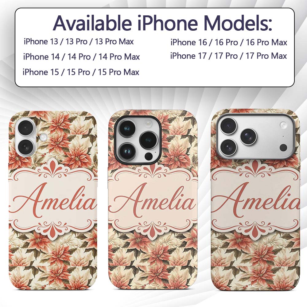 Vintage Cream Poinsettia Floral Printed Design Custom Name Protective Phone Case Mobile Cover Durable Everyday Smartphone Shock Resistant
