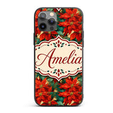 Painterly Red Poinsettia Green Leaves Festive Custom Name Protective Phone Case Mobile Cover Durable Everyday Smartphone Shock Resistant