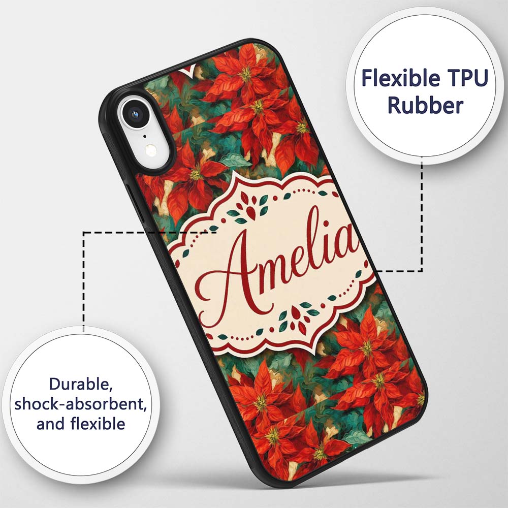 Painterly Red Poinsettia Green Leaves Festive Custom Name Protective Phone Case Mobile Cover Durable Everyday Smartphone Shock Resistant