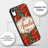Painterly Red Poinsettia Green Leaves Festive Custom Name Protective Phone Case Mobile Cover Durable Everyday Smartphone Shock Resistant