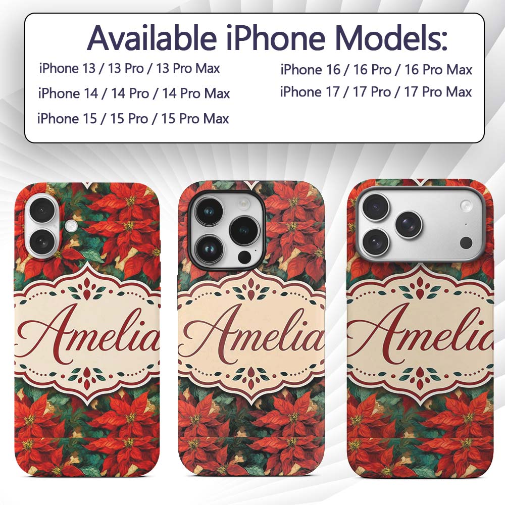 Painterly Red Poinsettia Green Leaves Festive Custom Name Protective Phone Case Mobile Cover Durable Everyday Smartphone Shock Resistant