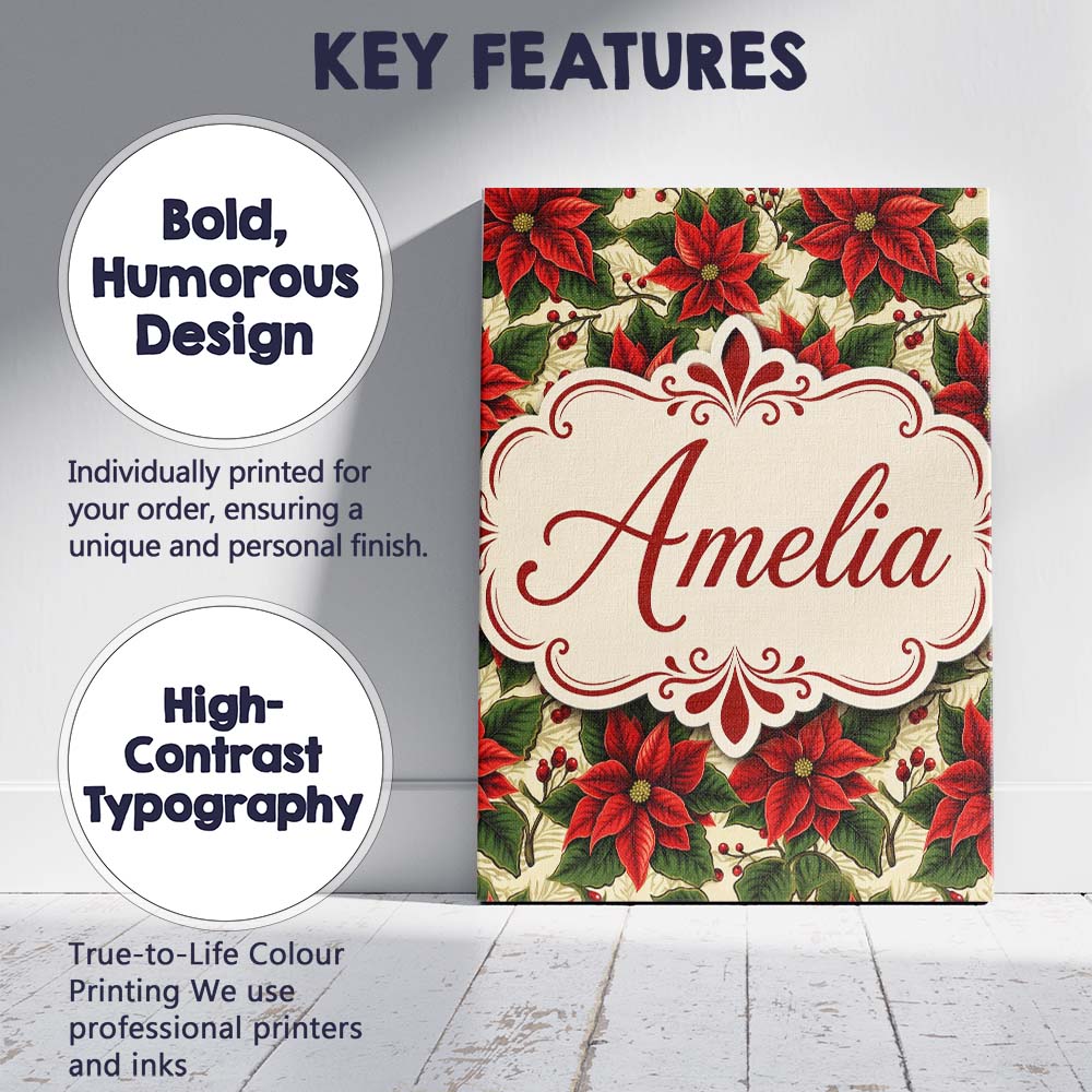 Personalised Name Traditional Poinsettia Custom  Unique Gift Idea Elegant Feature Canvas Wall Art Print Decor Picture Ready to Hang