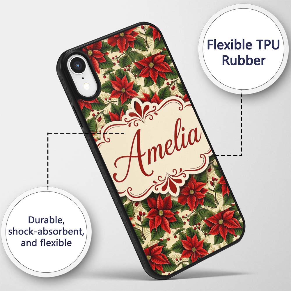 Traditional Poinsettia Holly Berry Christmas Custom Name Protective Phone Case Mobile Cover Durable Everyday Smartphone Shock Resistant