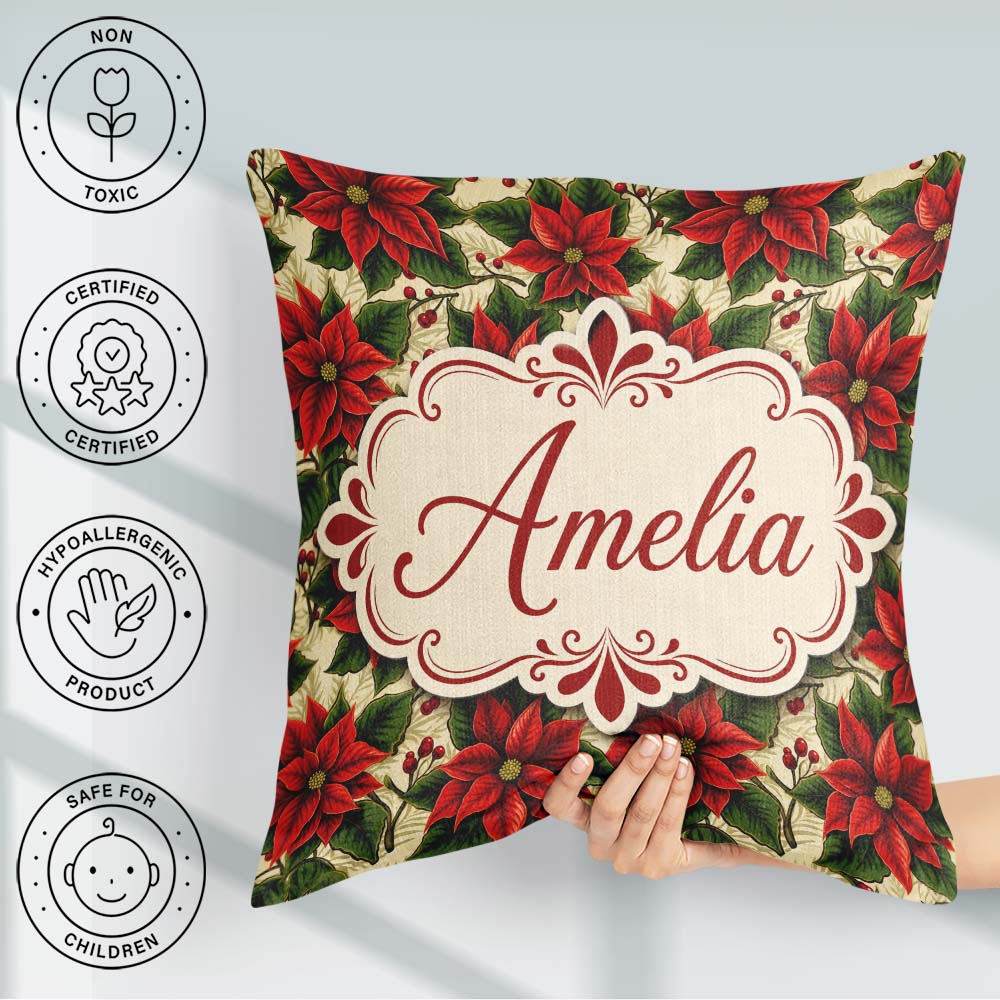 Custom Name Traditional Holly Berry Christmas Botanical Seamless Square Filled Cushion Throw Pillow Sofa Bed Home Decor Zip Washable UK Made